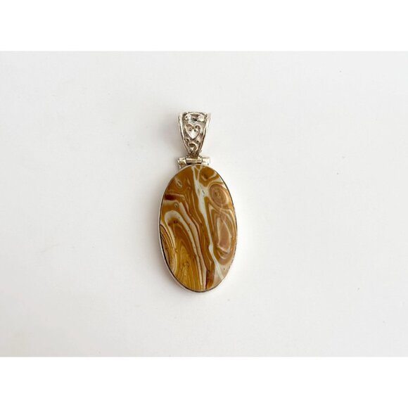 Utah Agate Brown & Gold Oval Floral Bail Sterling Silver 925 Vintage Pendant - Picture 2 of 10